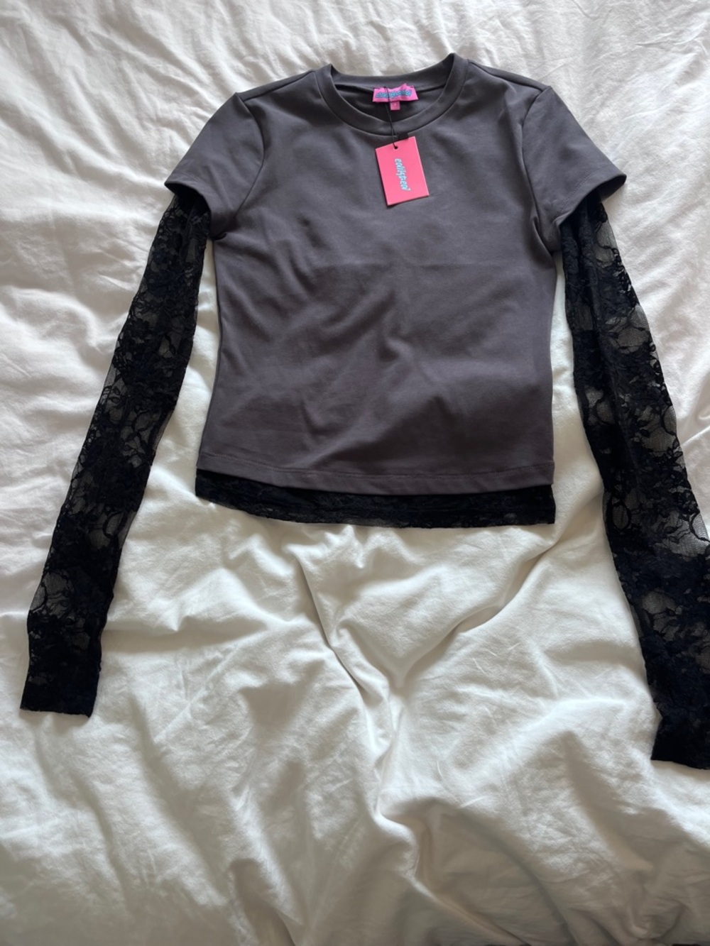 Edikted Black Short-Sleeve Tee with Lace Overlay